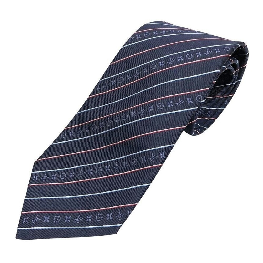 LOUIS VUITTON Louis Vuitton Tie Monogram Stripe M77477 Navy Silk Men's